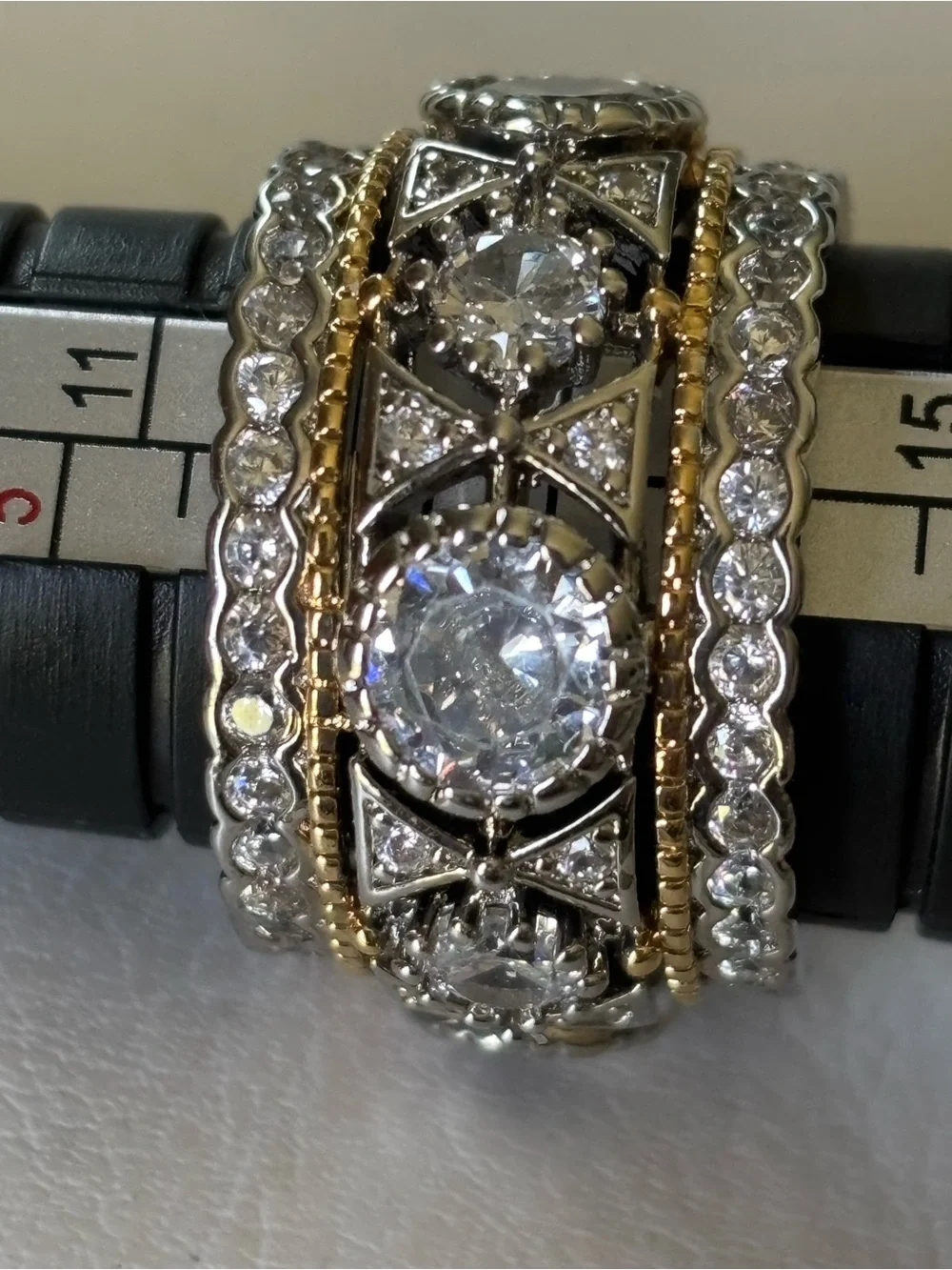 Gold silver and crystal ring